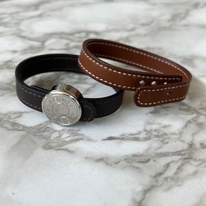 Hermes interchangeable leather and thread collection bracelets.